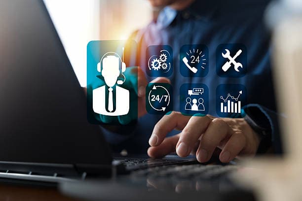Dental CRM and patient support automation dashboard with 24/7 service, communication and analytics icons