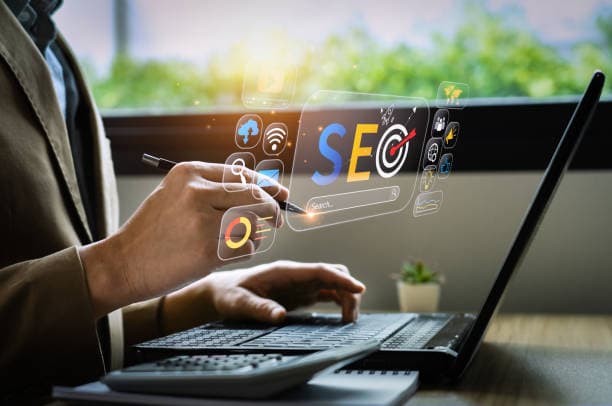 Hand interacting with virtual SEO search interface showing ranking targets and digital marketing icons